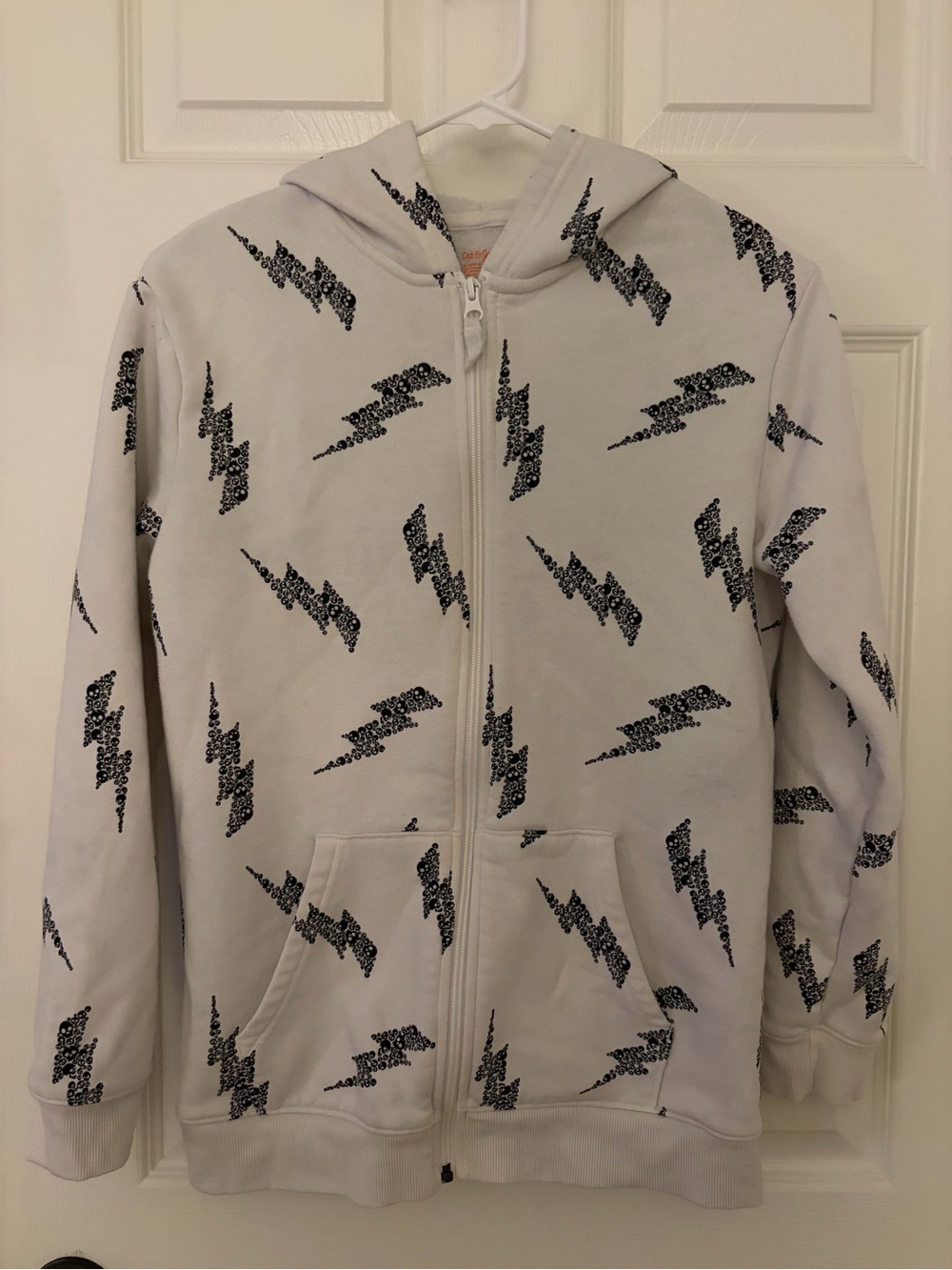 Cat & Jack White Zip Hoodie with Black Skull Lightning Bolt Print